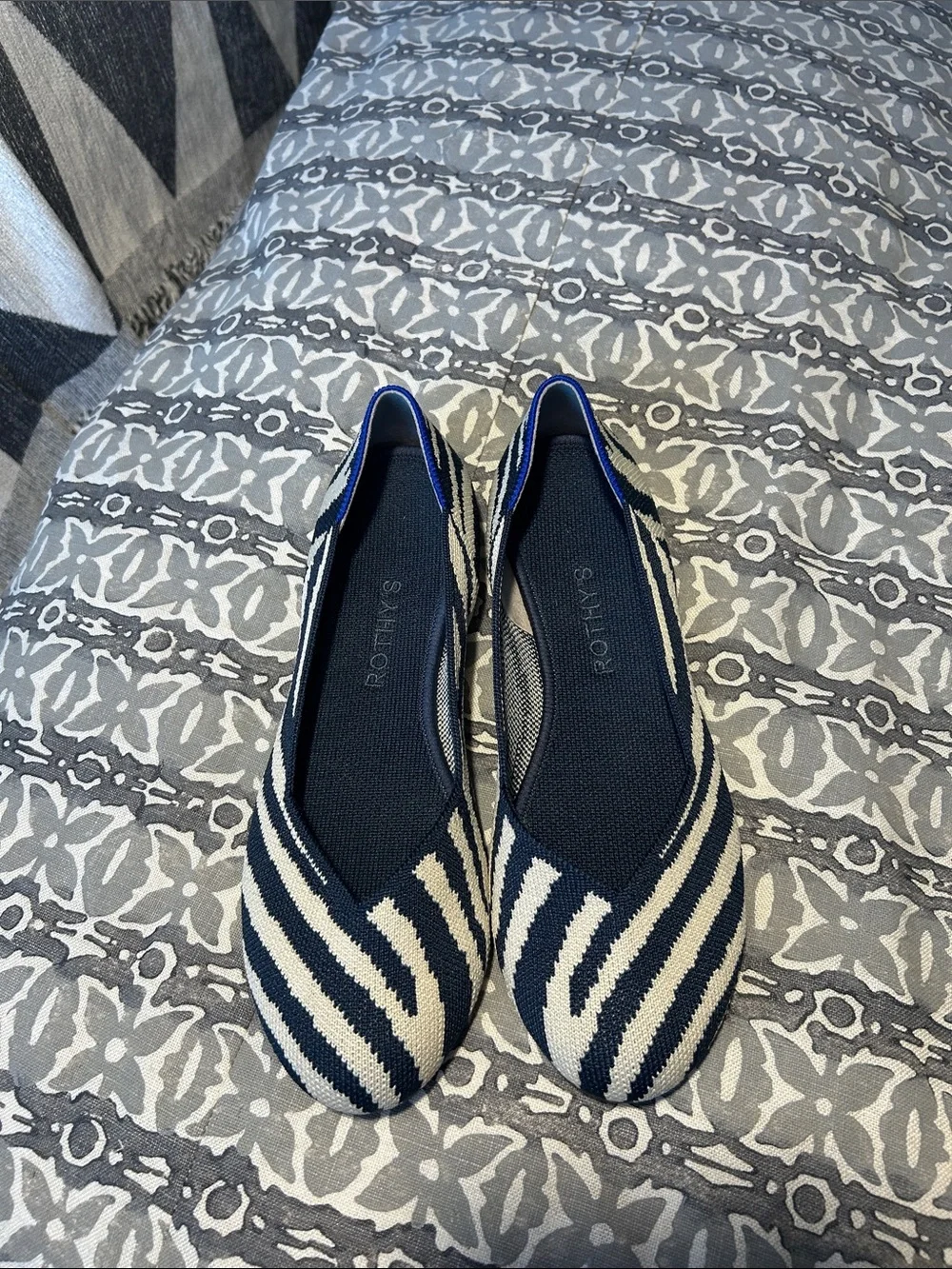Rothy's Navy and Cream Striped Knit Ballet Flats